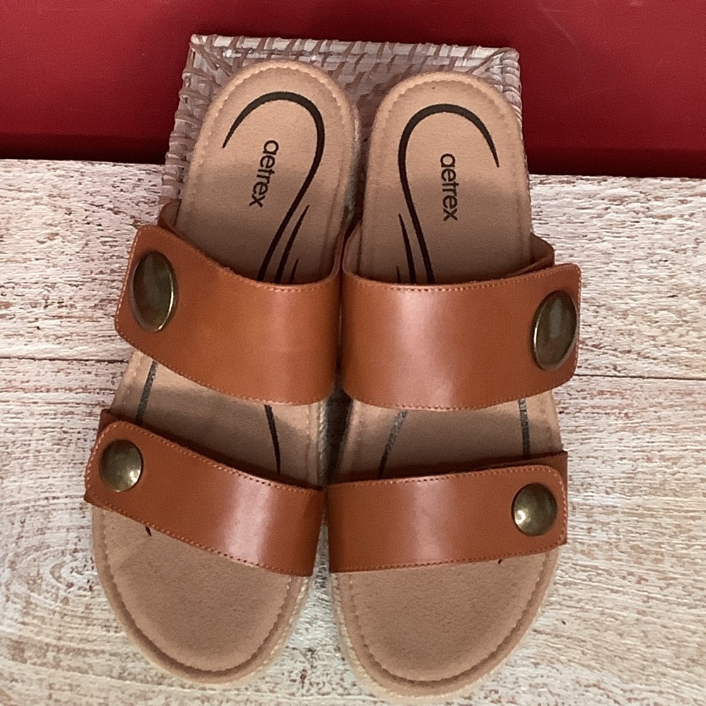AETREX Sofie Cognac Leather Platform Sandals Jute Trim Arch Support Memo… - Picture 11 of 16